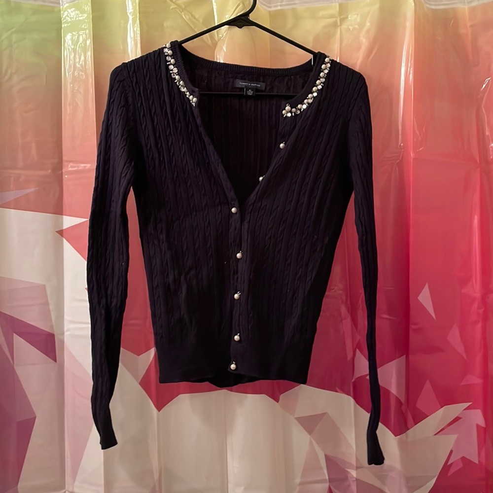 Tommy Hilfiger cardigan in navy with pearl/bead buttons and collar